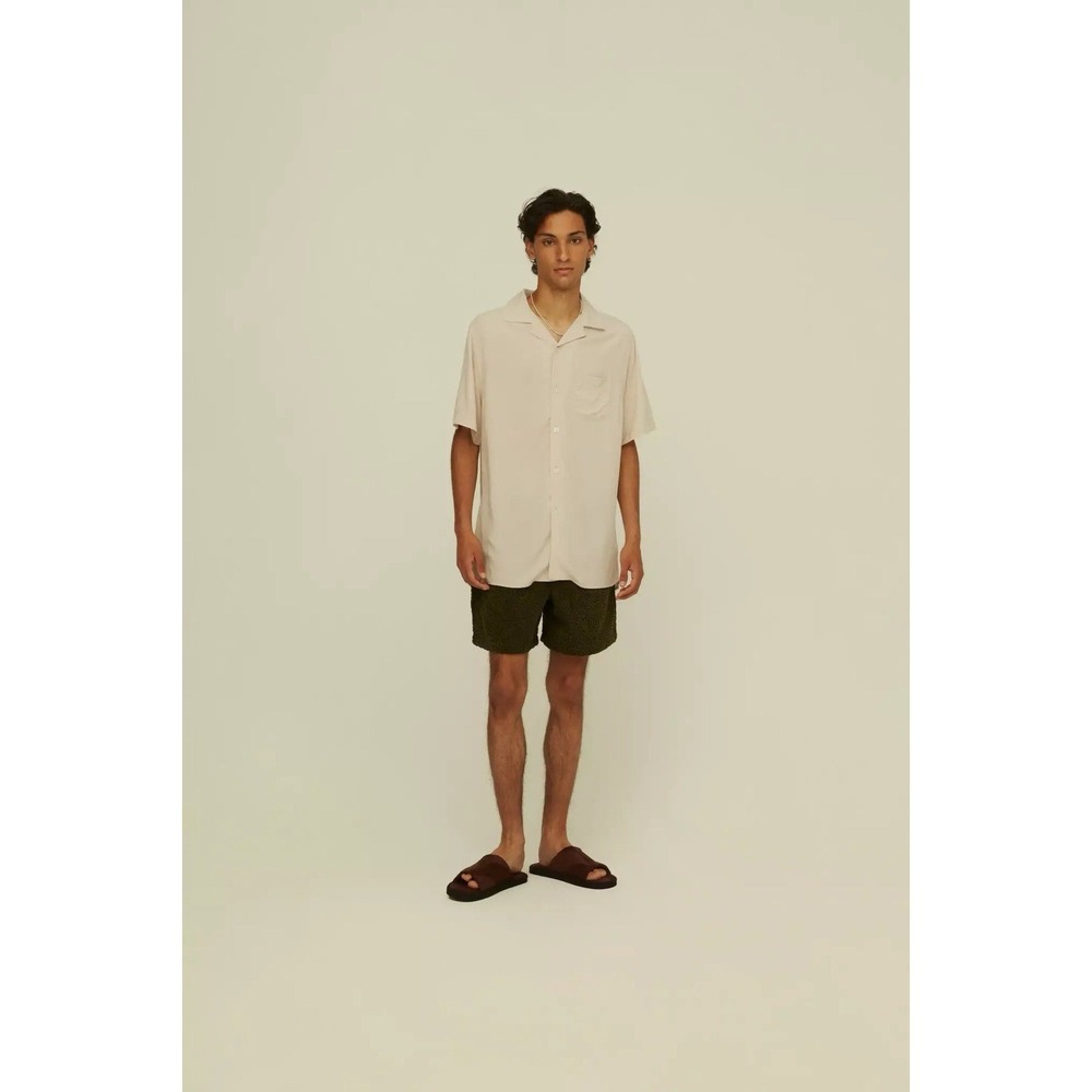 OAS Cuba Shirt Sand Plain Viscose Button Up Short Sleeve Men's Size LG Vacation‎